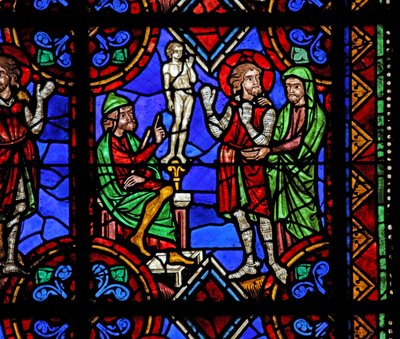Window depicting St Julian of Brioude story - St Ferreol, a friend of Julien, who died during the Diocletian persecutions, forced to worship idols by French School