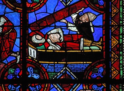 Window depicting St Julian of Brioude story - the death of St Ferreol, a friend of Julien, who died during the Diocletian persecutions; St Ferreol is buried with St Brioude