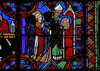 Window depicting St Julian of Brioude story - the death of St Ferreol, a friend of Julien, who died during the Diocletian persecutions; his relics are transferred by French School