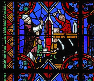 Window depicting the constructing of a church by French School