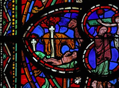 Window depicting a lion revives its young by French School