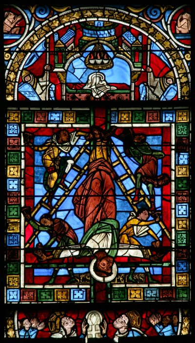 Window depicting the crucifixion of St Peter by French School