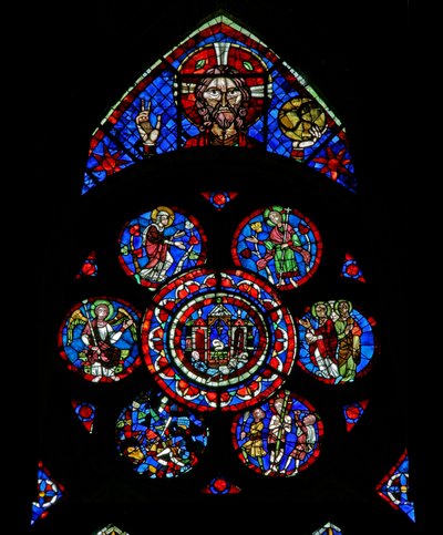 Window w100 depicting God the Father, the Resurrection tomb and Resurrection scenes, and the flagellation by French School