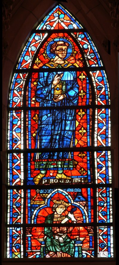 Window depicting St Protais - below a king kills himself by French School