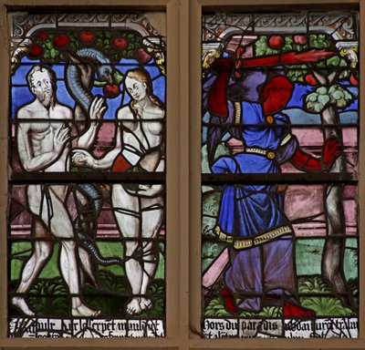 Adam and Eve and the Serpent; Cast Out of Eden by French School
