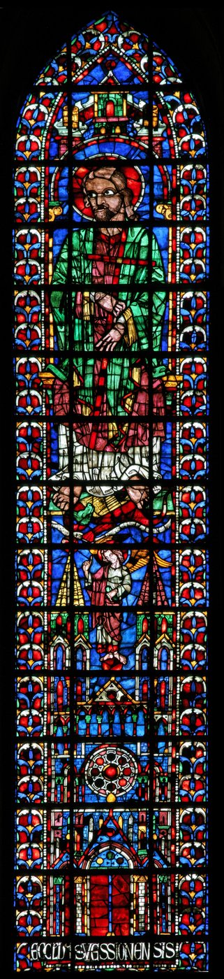 Window w102 depicting St Andrew and the cathedral of Soissons by French School