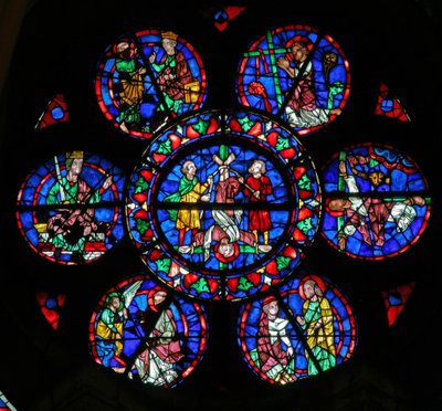 Window w102 depicting the arrest and death of St Peter, and the saint with Simon Magus by French School