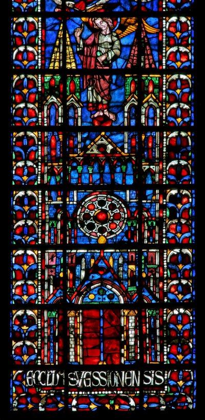 Window w102 depicting the cathedral of Soissons by French School