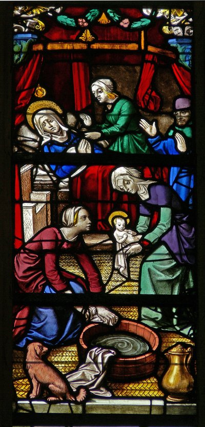 Window depicting a scene from the Life of the Virgin Mary: her birth by French School