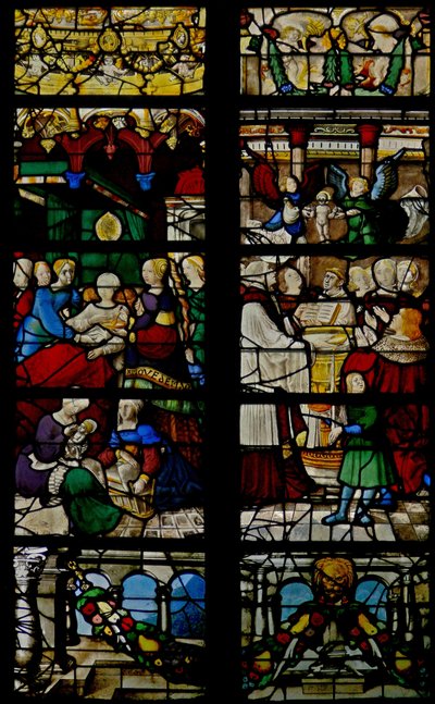 Window depicting scenes from the life of St Claude: his birth and baptism by French School