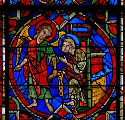 Window w107a depicting St Peter led out of prison by an angel by French School