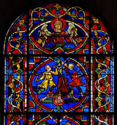 Window w107a depicting an angel and the crucifixion of St Peter by French School
