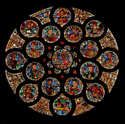 Window w108 depicting the New Covenant: at the top is Christ (Alpha and Omega), then the four symbols of the Evangelists forming a square, two Virtues are at the left and right extremities, and the Ark by French School