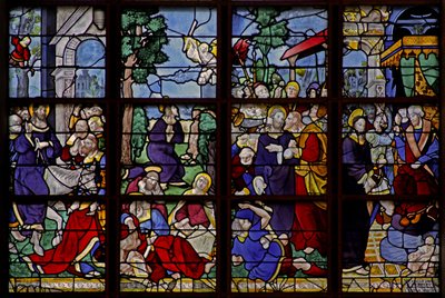Window depicting 4 scenes: the Entry into Jerusalem, In Gethsemane, the Betrayal, Before Caiaphas by French School