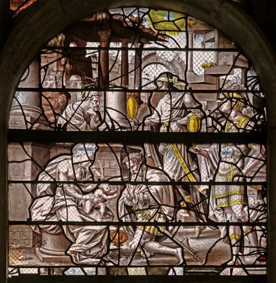 Window w10 depicting the Adoration of the Magi (designs by Durer and adaptations of the Master of Des designs for the Story of Psyche) by French School