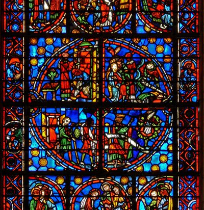 Window w10 depicting typological Old testament scenes: the Spies and the grapes; David and the pelican; two Passover scenes by French School