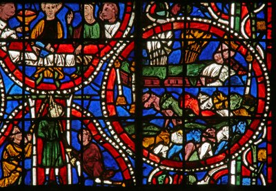 Window depicting a scene from the story of Joseph: the Pharaoh dreams of the 7 fat and 7 thin cattle - symbolising good years and bad by French School