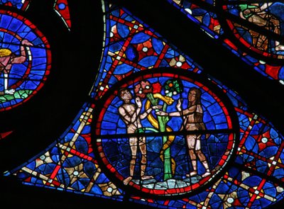 Window w115 depicting the Adam and Eve story: the Serpent beguiles by French School