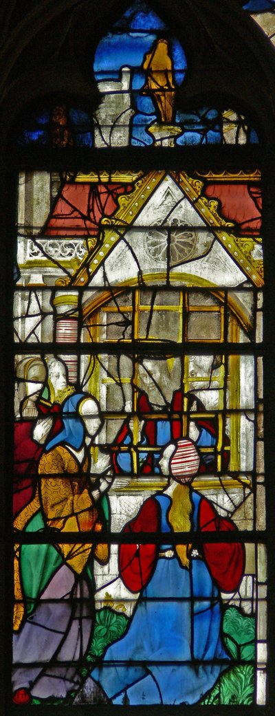 Window depicting a scene from the life of St Thomas: St Thomas in prison is visited by Princess Migdomie; Venetian glass by French School