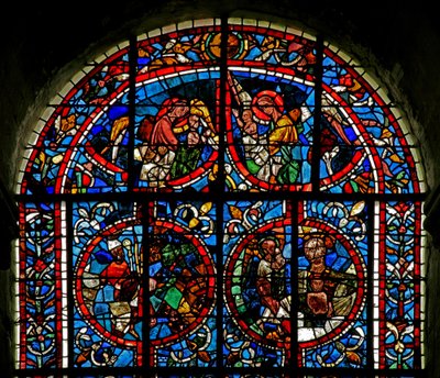 Window depicting angels carry souls to Paradise; fragmentary panel - a bishop? the Bosom of Abraham by French School