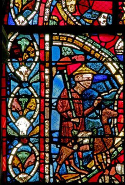 Window depicting a scene from the Prodigal Son story: departs by French School