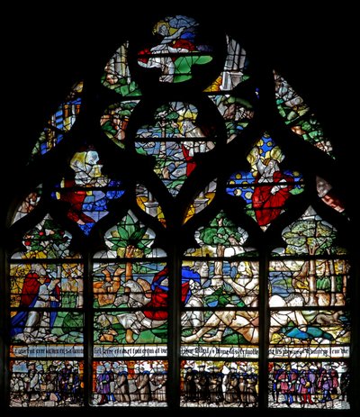 Window w120 depicting the Creation and members of the Confrérie de Charité by French School