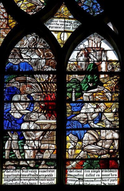 Window w122 depicting Cain and Abel make their offerings; Cain kills Abel by French School