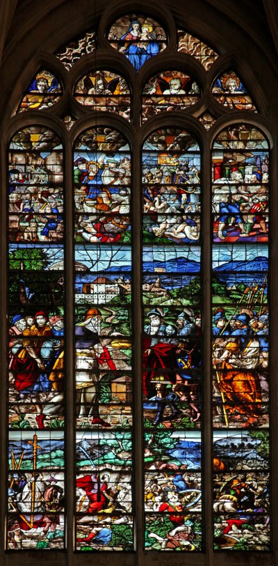 Window depicting Abraham and Melchisedek; St James in battle with the Moors in Spain; scenes from the life of St James by French School