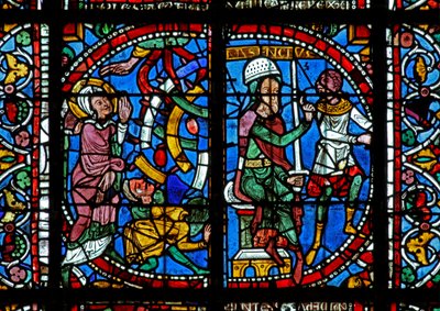 Window w125 depicting a scene from the life of St Catherine: Maxence orders her to be broken on the wheel by French School