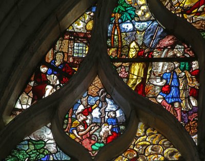 Window w126 depicting Moses scenes; the brazen serpent; at the rock of Horeb by French School