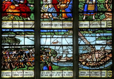 Window depicting Building the bridge over the Seine by French School