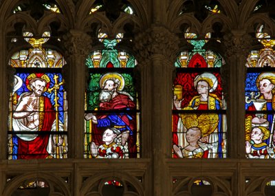 Window depicting the risen Christ with donors and their patron saints by French School