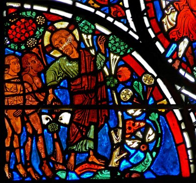 Window depicting God warns Adam and Eve about the Tree of Knowledge by French School