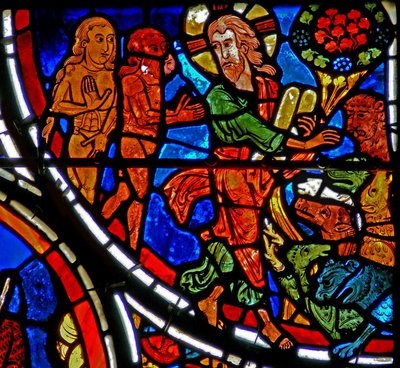 Window depicting Adam and Eve are given dominion over the Earth by French School