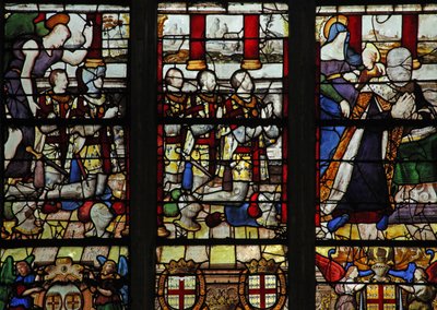 Window depicting Anne de Montmorency with his patron saint St Anne (teaching the Virgin to read) and 5 of his sons by French School