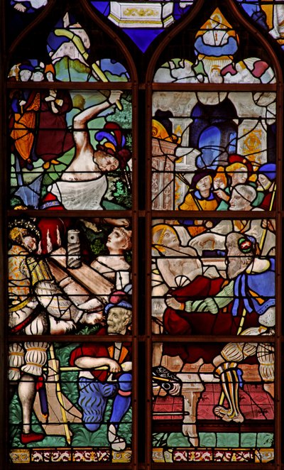 Window depicting St Vincent crushed under a press; he dies by French School