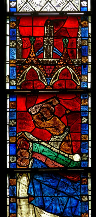 Window w15 depicting a scene from a legend of St Nicholas: the miracle of 3 boys: a butcher kills three boys by French School