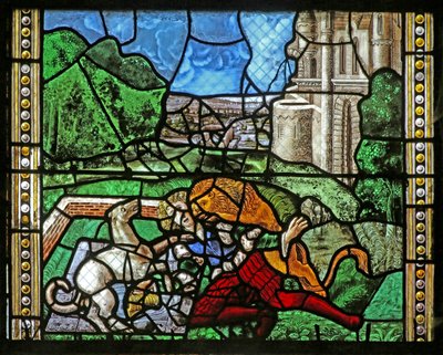 Window depicting St Thomas in India is invited to the wedding of Pelagius, is beaten by a servant who is in turn eaten by a lion. A dog brings in the servant