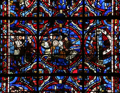 Window depicting Adonibezek? with a group of soldiers and a person with bound hands; A battle scene outside a city that is on fire by French School