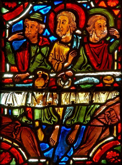 Window w17 depicting a scene from the life of St Mary Magdalene - the saint washing Christ