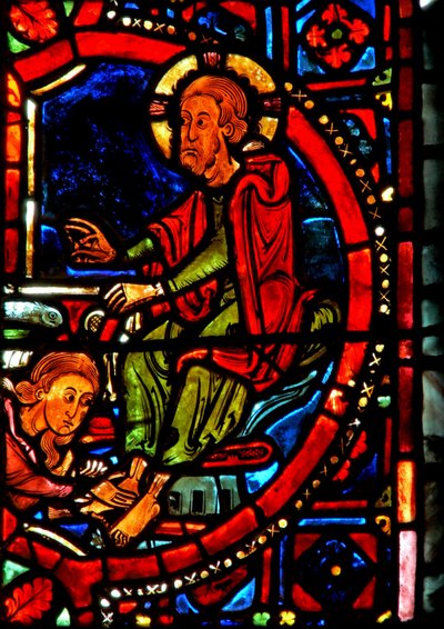 Window w17 depicting a scene from the life of St Mary Magdalene - the saint washing Christ