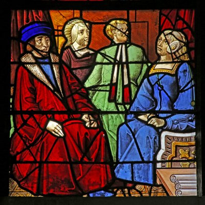 Window depicting the Life of St Remi. 2 men and 2 women seated by French School