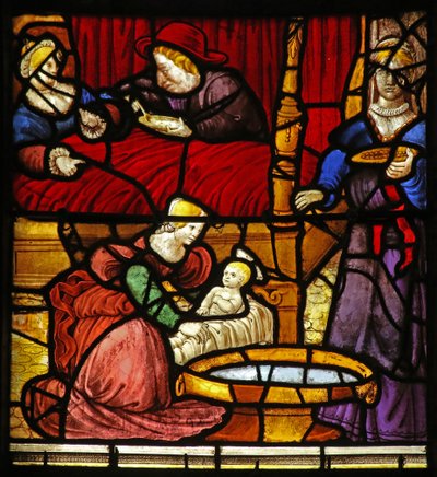 Window depicting the Life of St Remi. His birth at the chateau of Cerny-en-Laonnois by French School