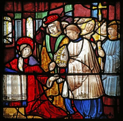 Window depicting the Life of St Remi. He is offered the bishopric of Reims by French School
