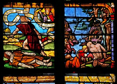 Window depicting Cain killing Abel; Noah
