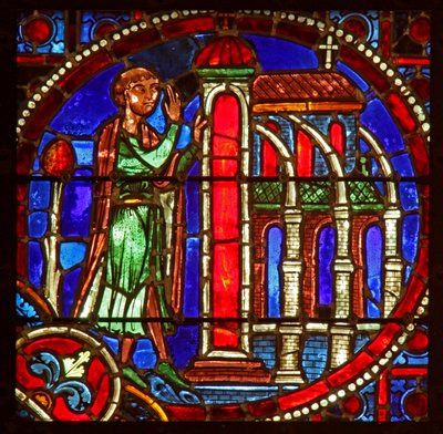 Window depicting a scene from the Theophilus story: he enters a church to repent by French School