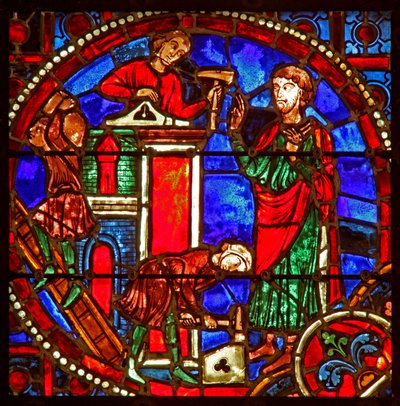Window depicting a scene from the Theophilus story: the rebuilding of Theophilus