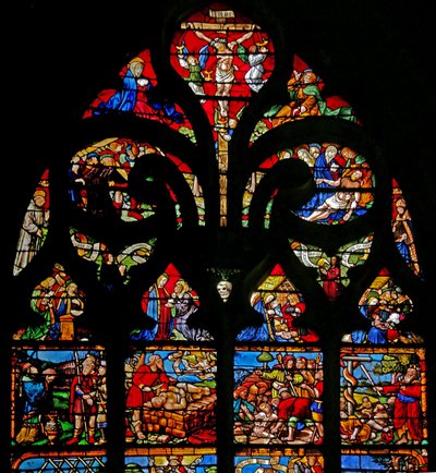 Window depicting the Crucifixion with Mary and John, the Via Crucis, the Deposition by French School