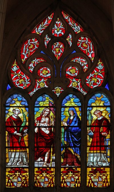 Window depicting St Stephen, Christ of the Resurrection, the Virgin Mary and a deacon saint by French School