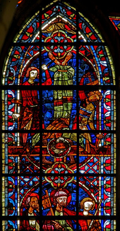 Window depicting the Crucifixion of St Peter by French School
